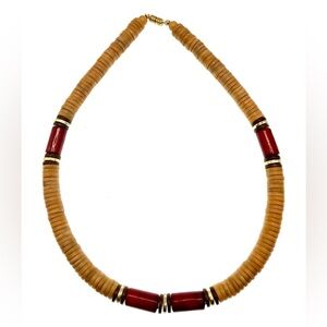 Vintage Heishi Tan and Red Acrylic
Beaded Crystal Choker Necklace